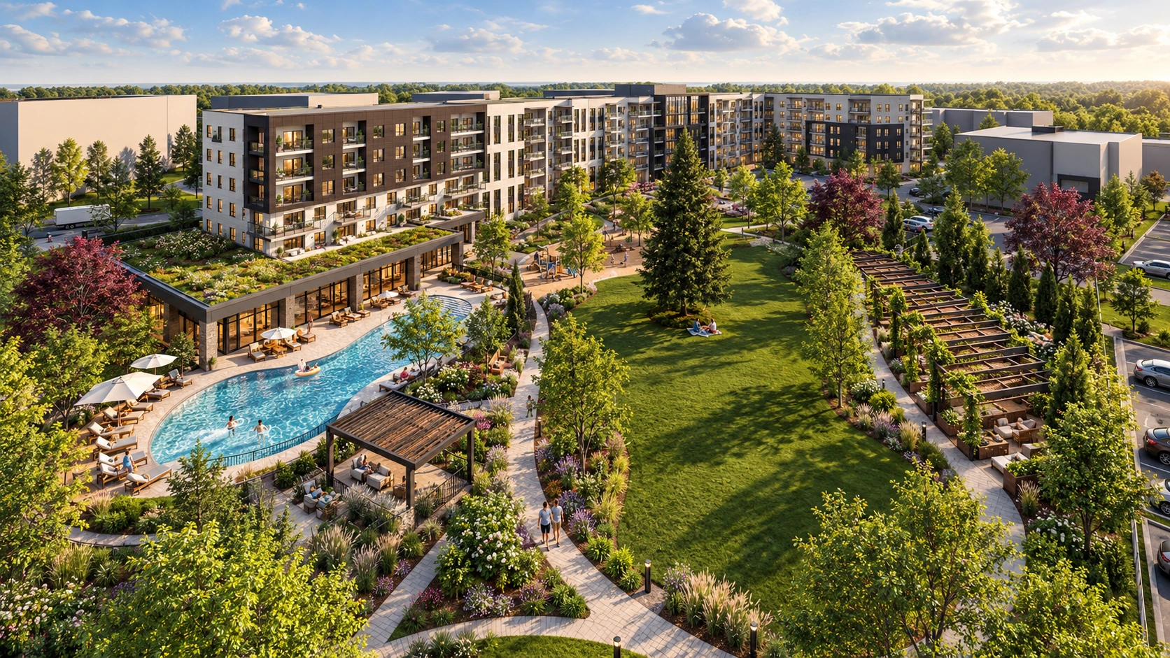 Concept rendering of Névéa Terrebonne with landscaped courtyard, outdoor pool and gardens