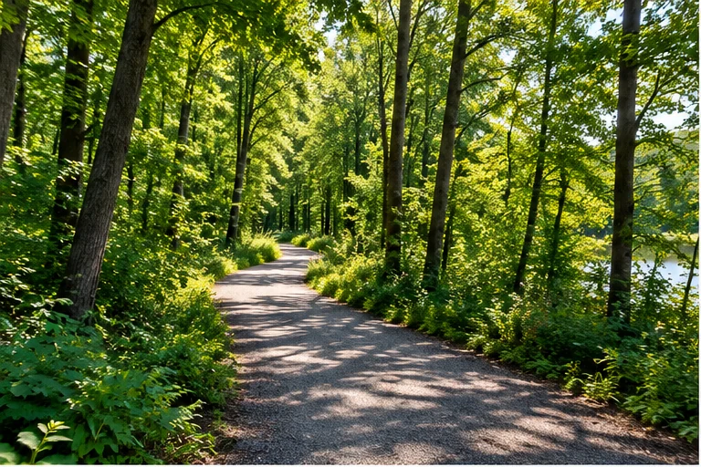 Woodland path surrounded by greenery