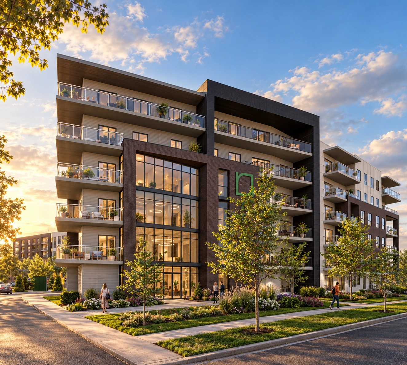 Vue conceptuelle de la façade du projet Névéa Terrebonne au coucher du soleil